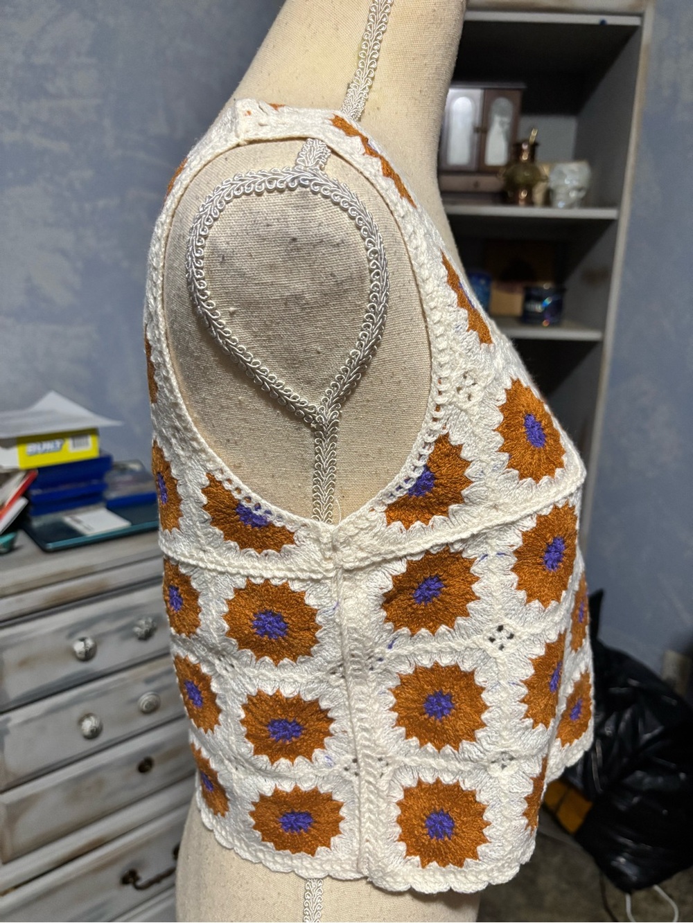 Rebellion Again Crochet Granny Square Tank Top XS Boho Festival Crop top - Picture 6 of 10